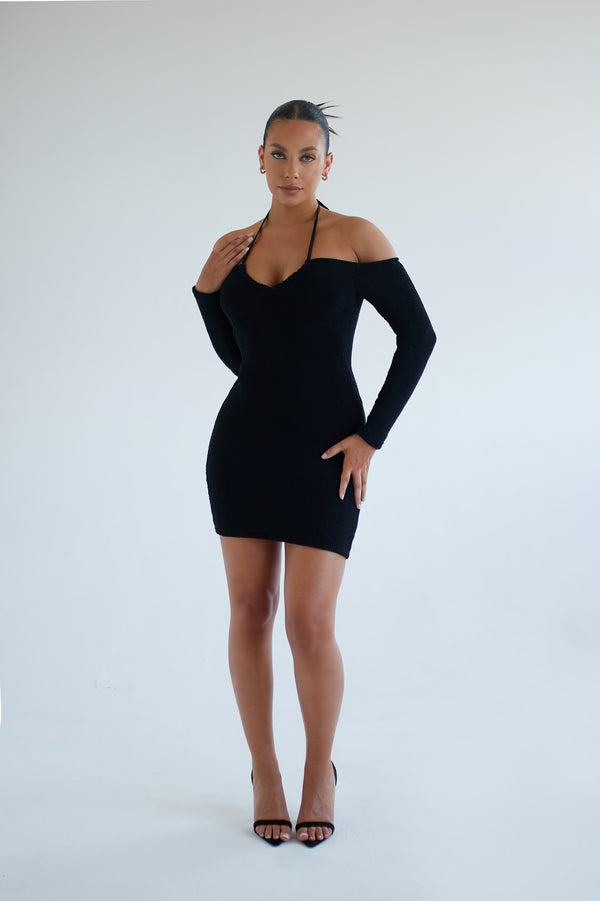 Textured Sia Multiway Mini Black Dress